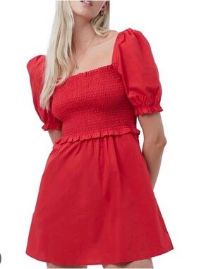 French Connection Rhodes Poplin Smocked Puff-Sleeve Mini Dress Size 12